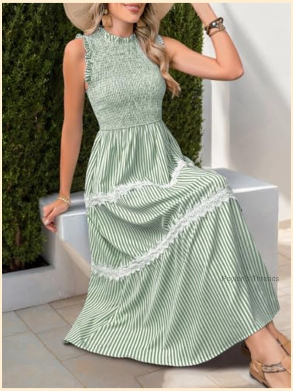 Sleeveless Smocked Flowy Tiered Midi Dress, Casual Striped Sundress - Picture 7 of 7
